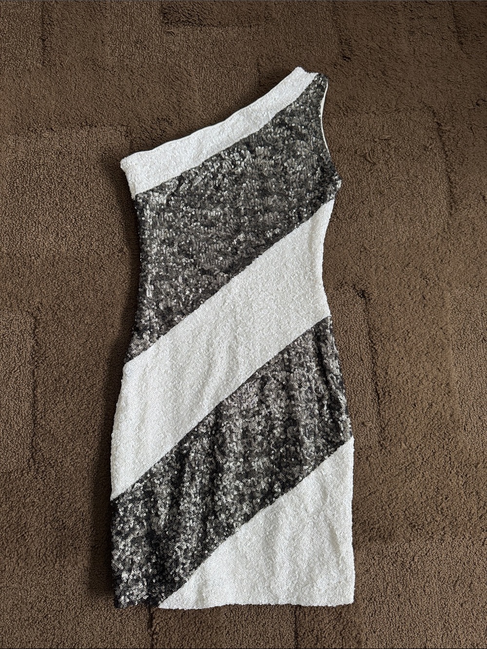 One-Shoulder Sequin Stripe Dress in White and Silver